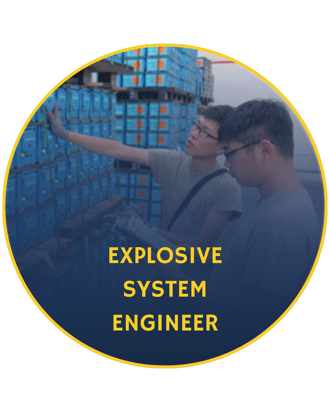 Two SAFVC personnel inspecting stacked blue explosive storage units in a secure indoor facility.